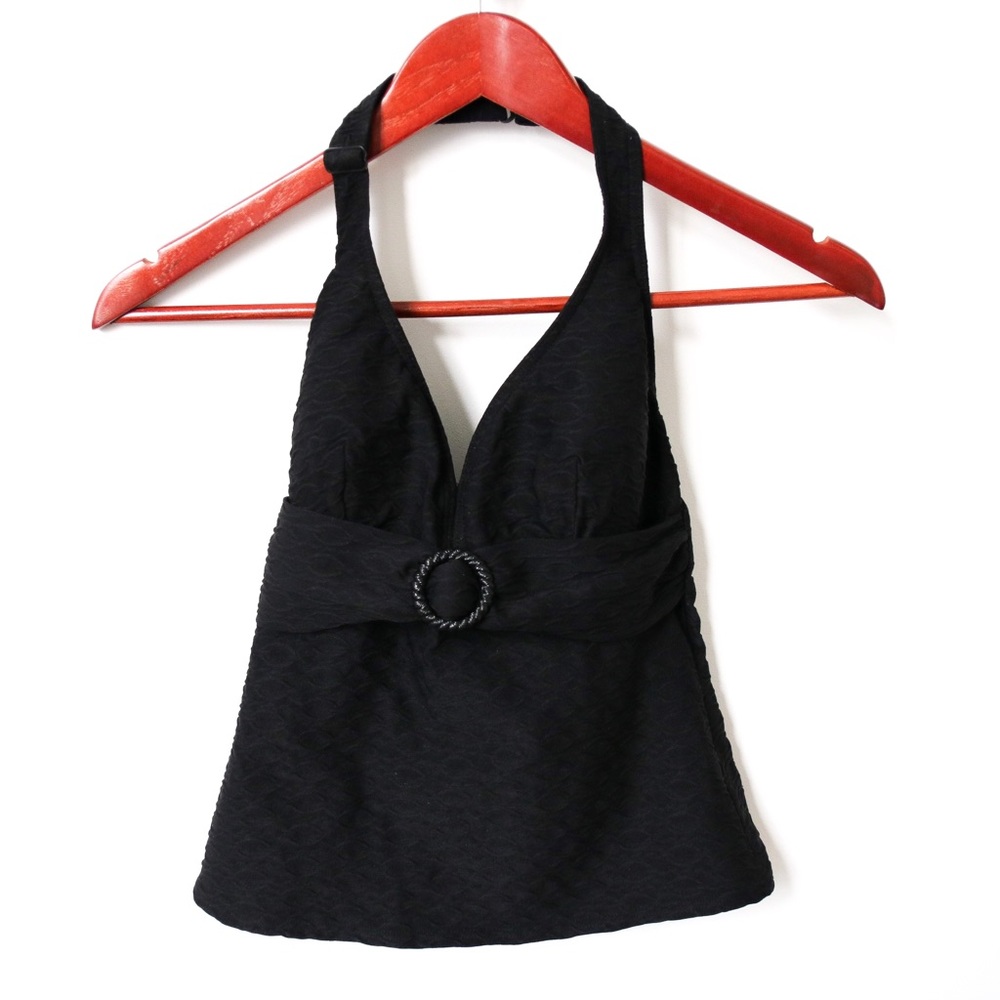 Black V-Neck Belted Swimsuit Halter Tankini - Picture 6 of 6